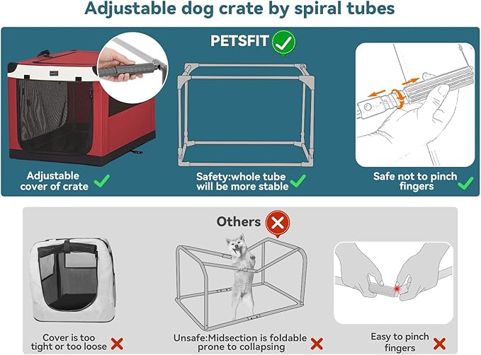 PETSFIT Soft Dog Crate, with Patented Adjustable Fabric Cover, Chewproof & Lockable Mesh Doors, Waterproof Base Portable Kennel Red 36 Inch