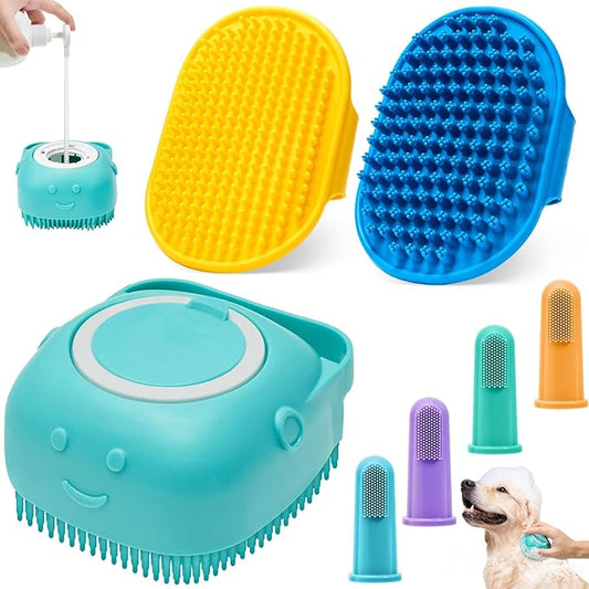 Dog Massage & Bath Brush 4PCS – Soft Silicone Shampoo Scrubber for Dogs and Cats, Perfect for Grooming and Deshedding (Blue)