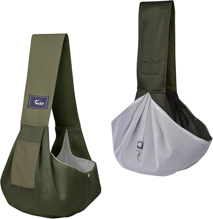 CUBY Dog and Cat Sling Carrier, Hands Free Reversible Pet Papoose Bag, Soft Pouch Adjustable, Suitable for Puppy Cats for Outdoor Travel (Green Mesh, one Size mesh)