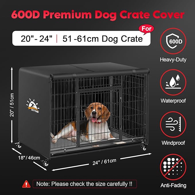Dog Crate Cover 24 Inch - 600D Kennel Crate Covers for Dog Cage Waterproof & Heavy Duty, Small Dog Cage Cover Universal Fit for Most Wire Pet Crates - 24 x 19 x 19 Inch (Cover Only)