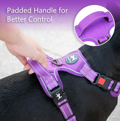 PoyPet No Pull Dog Harness, No Choke Reflective Dog Vest, Adjustable Pet Harnesses with Easy Control Padded Handle for Small Medium Large Dogs(Purple Matching Trim,M)