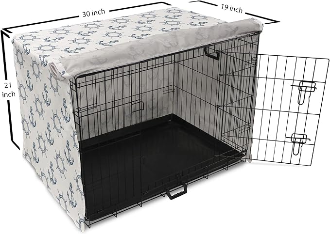 Lunarable Nautical Dog Crate Cover, Marine Elements Anchor Ship Wheel Wind Rose Sailing into The Ocean Theme, Easy to Use Pet Kennel Cover for Cats & Medium Dogs, 30 Inch, Night Blue White