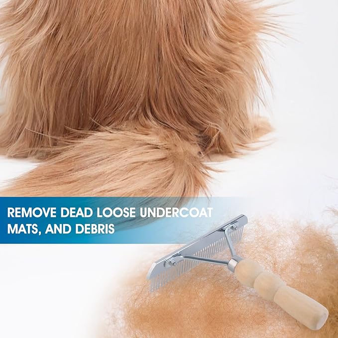 Undercoat Grooming Rake with Anti-Slip Wooden Handle, Steel Comb for Medium & Large Pets