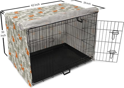 Lunarable Autumn Fall Dog Crate Cover, Fox Animal Sleeping in The Forest Plants Woodland Wildlife Theme, Easy to Use Pet Kennel Cover for Medium Large Dogs, 42 Inch, Orange Grey White