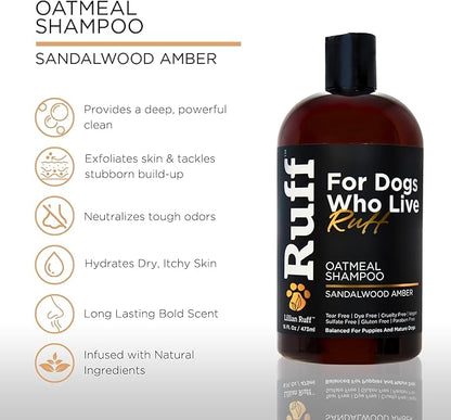 RUFF by Lillian Ruff Oatmeal Dog Shampoo | Sandalwood Amber | Professional Dog Shampoo With Aloe & Coconut Oil | Relieves Itching & Hot Spots | Moisturizing & Deodorizing | Safe for Puppies | USA Made