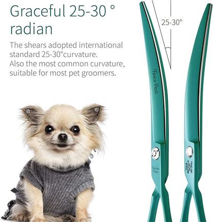 Fenice Peak Curved Dog Grooming Scissors with Cyan Color Coating 440C Stainless Steel Pet Grooming Bending Shears Sharp and Durable Comfortable Engonomic Handle