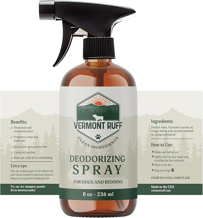 Dog Deodorizer Spray, Pet Odor Eliminator Dog Deodorizing Spray – Odor Neutralizing & Coat Conditioning Mist with Pure Ingredients – Moisturizing & Refreshing Pet Spray – Safe for Dogs & Bedding 8oz