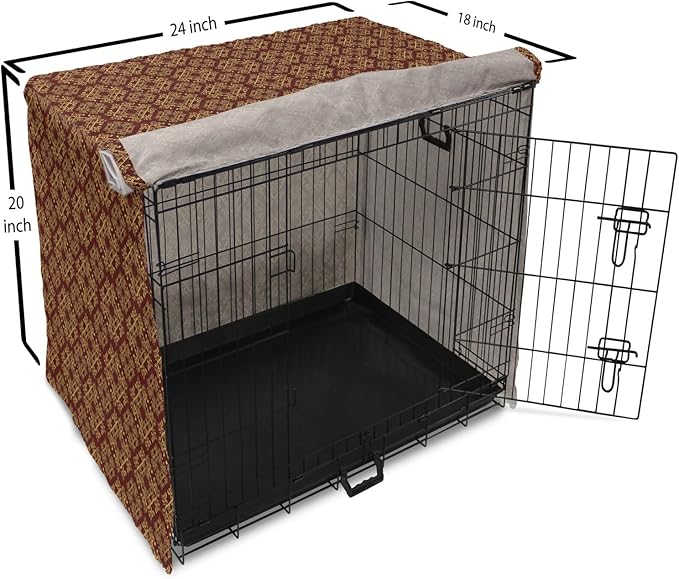 Lunarable Burgundy Dog Crate Cover, Royal Victorian Pattern with Antique Design Elements Baroque Swirls Squares, Easy to Use Pet Kennel Cover for Cats & Medium Dogs, 24 Inch, Burgundy Mustard
