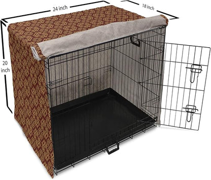 Lunarable Burgundy Dog Crate Cover, Royal Victorian Pattern with Antique Design Elements Baroque Swirls Squares, Easy to Use Pet Kennel Cover for Cats & Medium Dogs, 24 Inch, Burgundy Mustard