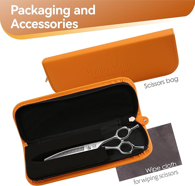 Fenice Peak 7.0 Curved Thinning Traceless Dog Grooming Scissors Japanese 440C Stainless Steel with Bearing Screws Smooth Cutting and Durable
