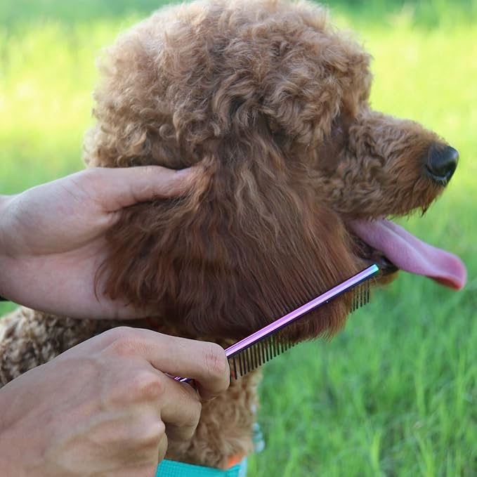 ROPO Dog Comb for Removing Matted Fur - Pet Dematting Comb with Rounded Teeth and Non-Slip Grip Handle - Prevents Knots and Mats for Long and Short Haired Pets (Round handle, Colour)