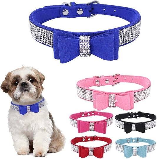 Diamond Large Dog Collar Bow, Rhinestone Dog Collar with Bow tie, Female Cat Collars Crystal Jeweled Bling Sparkling Glitter for Small Medium Large Dogs,Blue,XXL