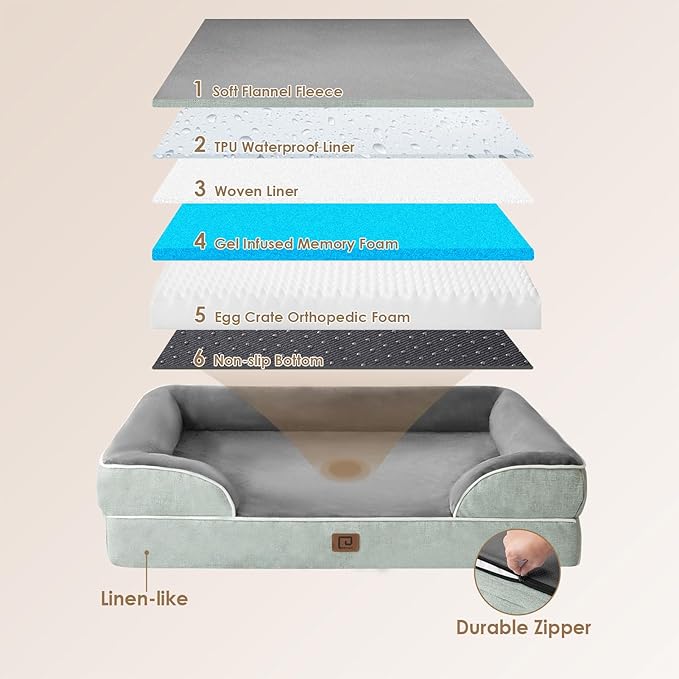 EHEYCIGA Orthopedic Dog Bed for Medium Dogs, Waterproof Memory Foam Medium Dog Beds with Sides, Non-Slip Bottom and Egg-Crate Foam Medium Dog Couch Bed with Washable Removable Cover, Greyish Green