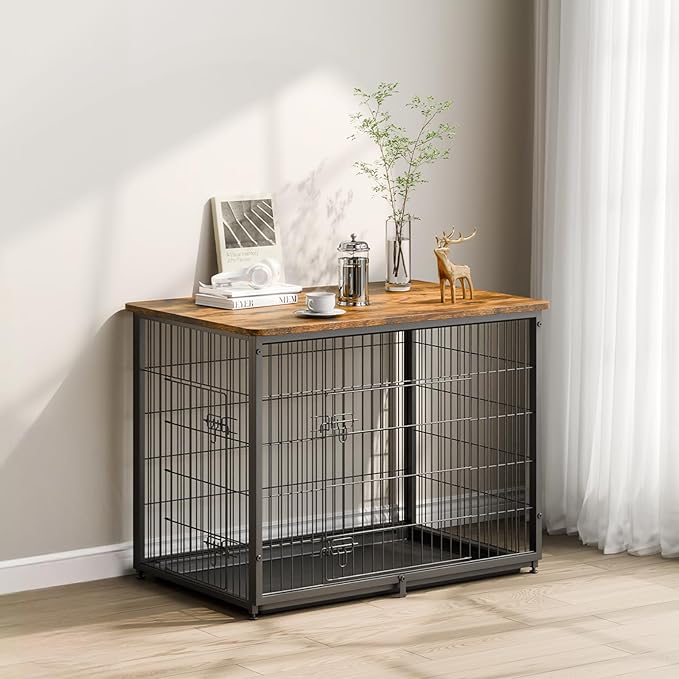 VEVOR 44in Dog Furniture Kennel - Decorative Wooden Dog Crate with Removable Tray, Double Doors, End Table for Small to Large Dogs