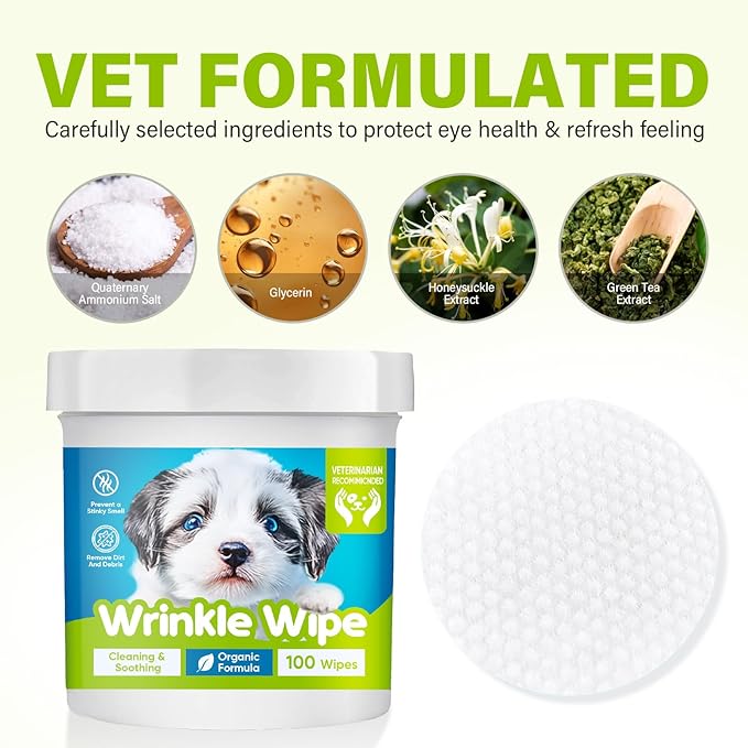 Wrinkle Wipes French Bulldog, Natural Ingredients Dog Face Wipes Dog Wipes for English Bulldog Cleaning & Soothes on Wrinkles, Folds, Tail Pockets