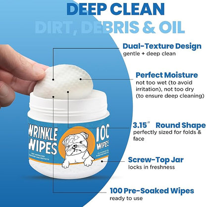 Bulldog Wrinkle Wipes & Cream Combo – Dual‑Texture Dog Face Wipes & Soothing Wrinkle Paste – 100 Wipes + 85 g Cream