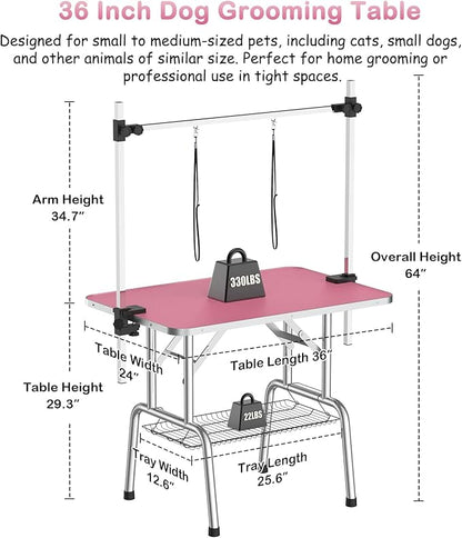 APRILSOUL 36 Inch Pet Grooming Table for Small Dogs,Adjustable Height,Foldable,Anti-Slip Surface,with Arms, Nooses, Mesh Tray