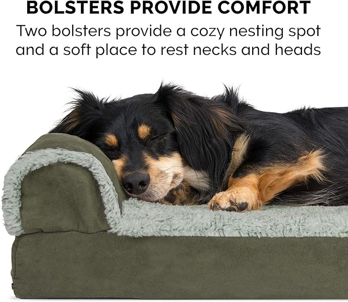 Furhaven Memory Foam Dog Bed for Large Dogs w/ Removable Bolsters & Washable Cover, For Dogs Up to 95 lbs - Two-Tone Plush Faux Fur & Suede L Shaped Chaise - Dark Sage, Jumbo/XL