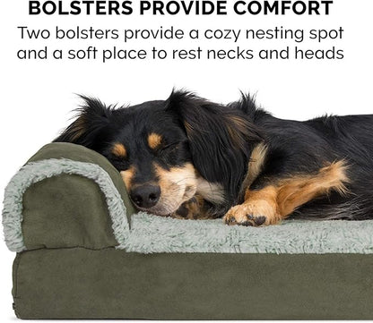Furhaven Memory Foam Dog Bed for Large Dogs w/ Removable Bolsters & Washable Cover, For Dogs Up to 95 lbs - Two-Tone Plush Faux Fur & Suede L Shaped Chaise - Dark Sage, Jumbo/XL