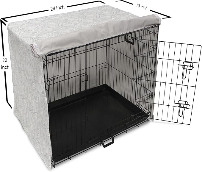 Ambesonne Grey and White Dog Crate Cover, Doodle Style Botanical Leaves Pattern Shabby Ornamental, Easy to Use Pet Kennel Cover for Cats & Medium Dogs, 24 Inch, Pale Blue Grey and White