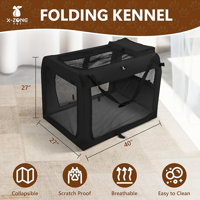X-ZONE PET Dog Crate 3-Door Kennel, Collapsible Portable Soft Sided Pet Carriers for Indoor & Outdoor, Multiple (40-Inch, Carbon Black)