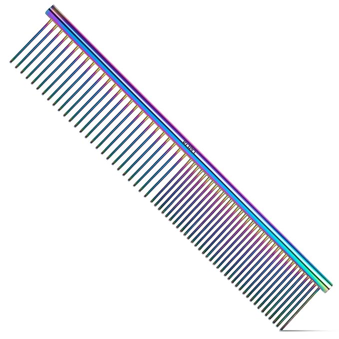 ROPO Dog Comb for Removing Matted Fur - Pet Dematting Comb with Rounded Teeth and Non-Slip Grip Handle - Prevents Knots and Mats for Long and Short Haired Pets (Round handle, Colour)
