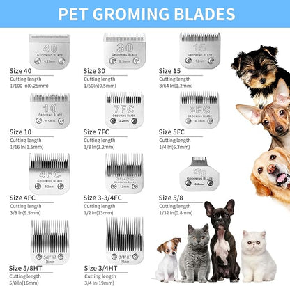 Size 10+30+40+7FC+5FC+4F+3-3/4FC Detachable Dog Grooming Blades, Compatible with Andis, Oster A5, Wahl KM10 Series Clippers, Cut Length 0.25mm-13mm, Silver