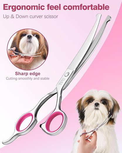 Furry Grooming Scissors with Safety Round Heads. Dog Grooming Scissors, 5CR 6 in 1 Dog Grooming Scissors, Curved Dog Grooming Scissors, Professional Pet Grooming Scissors Set for Dogs and Cats
