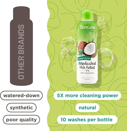 TropiClean Oatmeal Dog Shampoo for Itchy Skin Relief, Soothing Medicated Itch Relief, with Vitamin E, Puppy Safe, Made in USA, Cat Friendly, 20 oz.