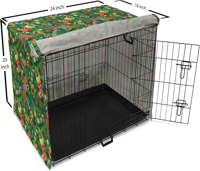 Ambesonne Christmas Dog Crate Cover, Xmas Accessories Stockings Candies Horse Teddy Bear on Pine, Easy to Use Pet Kennel Cover for Cats & Medium Dogs, 24 Inch, Green Brown