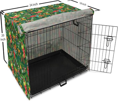 Ambesonne Christmas Dog Crate Cover, Xmas Accessories Stockings Candies Horse Teddy Bear on Pine, Easy to Use Pet Kennel Cover for Cats & Medium Dogs, 24 Inch, Green Brown