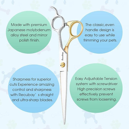 Dog Cat Scissors for Grooming, Pet Shears for Thick Coats and Matted Hair, Thinner Curved Straight Chunker Stainless Steel Shears (7.0" Straight Gold-Silver)