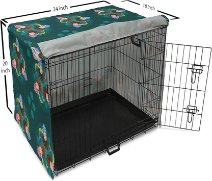 Lunarable Mermaid Dog Crate Cover, Smiling Happy Cheerful Mermaids with Seashells Scallops Exotic Waters Spirals, Easy to Use Pet Kennel Cover for Cats & Medium Dogs, 24 Inch, Teal Multicolor