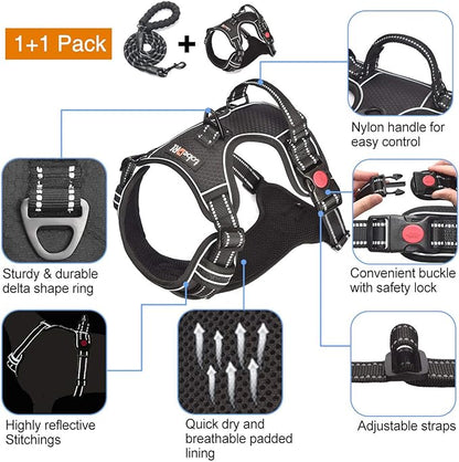 tobeDRI No Pull Harness with A Free Heavy Duty 5ft Leash for Medium Large Dog Adjustable Reflective Oxford Easy Control (L (Neck: 18"-25.5", Chest: 24.5"-33"), Black Harness+Leash)