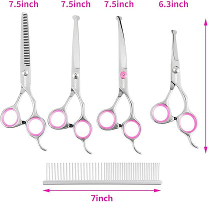 GEMEK Dog Grooming Scissors Set, 4CR Stainless Steel Safety Round Tip Pet Professional Grooming Tool 5 Pieces Kit - Straight, Curved, Thinning Shears & Comb for Dogs, Cats and Other Animals