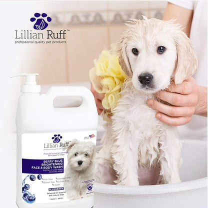 Lillian Ruff Berry Blue Brightening Face and Body Wash for Dogs - Blueberry Shampoo - Remove Tear Stains, Hydrate Dry Itchy Skin, Add Shine & Luster to Coats (Berry Blue Shampoo Gallon/Pump)