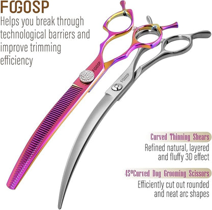 45°Curved Dog Grooming Scissors Curved Thinning Shears 2PCS Combo(RoseRed)