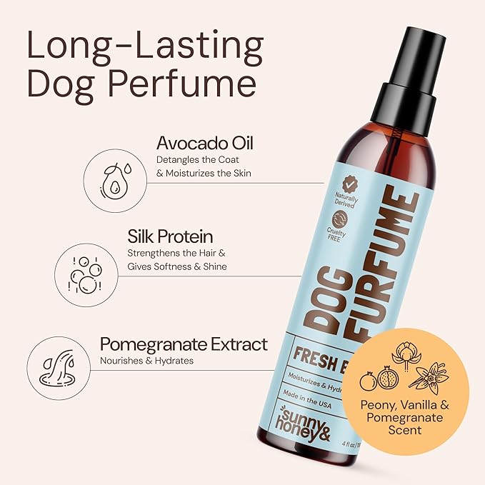 Sunny & Honey 4-in-1 Dog Shampoo and Conditioner & Perfume Spray Bundle - Moisturizing Body Wash - Detangling Spray Deodorizer (Coconut Woof Wash 16oz, Breeze Perfume 8oz)