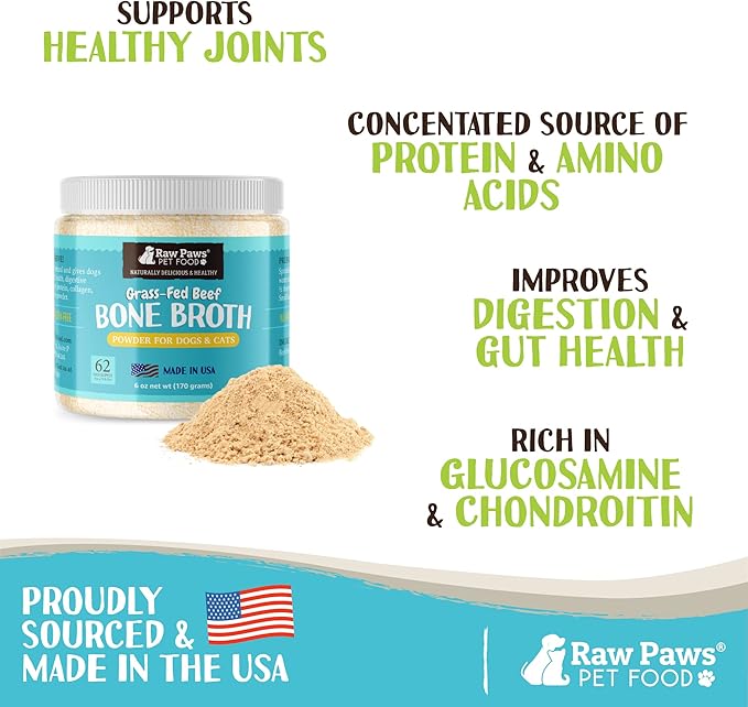Raw Paws Beef Bone Broth for Dogs & Cats, 6-oz - Made in USA - Dog Food Topper - Bone Broth Protein Powder for Dogs - Powdered Bone Broth for Dogs - Bone Broth for Cats - Dog Gravy Topper for Dry Food