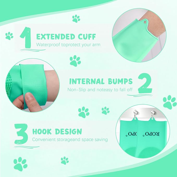 ROPO silicone gloves for pet grooming, multi-functional gloves for pet hair shedding, bathing, and massage (Green)