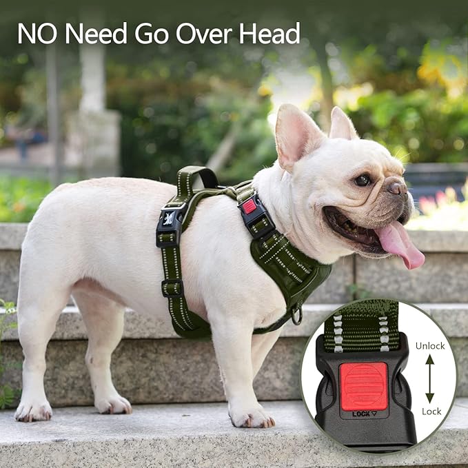 PoyPet No Pull Dog Harness, No Choke Reflective Dog Vest, Adjustable Pet Harnesses with 2 Leash Attachments with Easy Control Padded Handle for Small Medium Large Dogs(Military Green,XL)