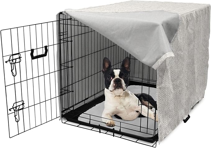 Lunarable Chevron Dog Crate Cover, Hand Drawn Monochrome Herringbone Lines Composition of Abstract Zigzags, Easy to Use Pet Kennel Cover for Small Dogs Puppies Kittens, 22 Inch, White Beige