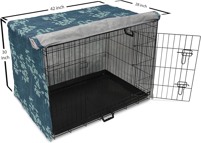 Lunarable Blue Floral Dog Crate Cover, Abstract Leaves and Outlines Rural Field Garden Foliage Art, Easy to Use Pet Kennel Cover for Medium Large Dogs, 42 Inch, Green Night