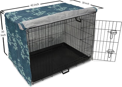 Lunarable Blue Floral Dog Crate Cover, Abstract Leaves and Outlines Rural Field Garden Foliage Art, Easy to Use Pet Kennel Cover for Medium Large Dogs, 42 Inch, Green Night