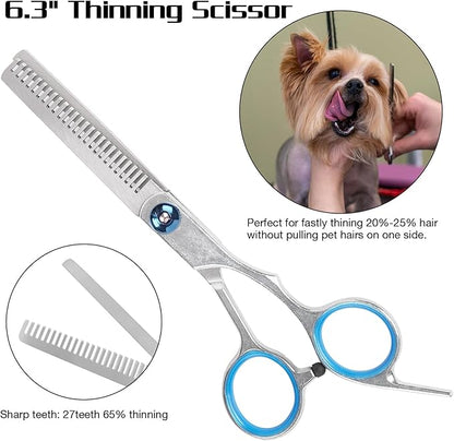 Premium Dog Grooming Scissors with Safety Round Tips, 5 in 1 Dog Grooming Scissors Kit, 4CR Stainless Steel Premium Pet Grooming Shears for Dog, Sharp and Durable, Blue