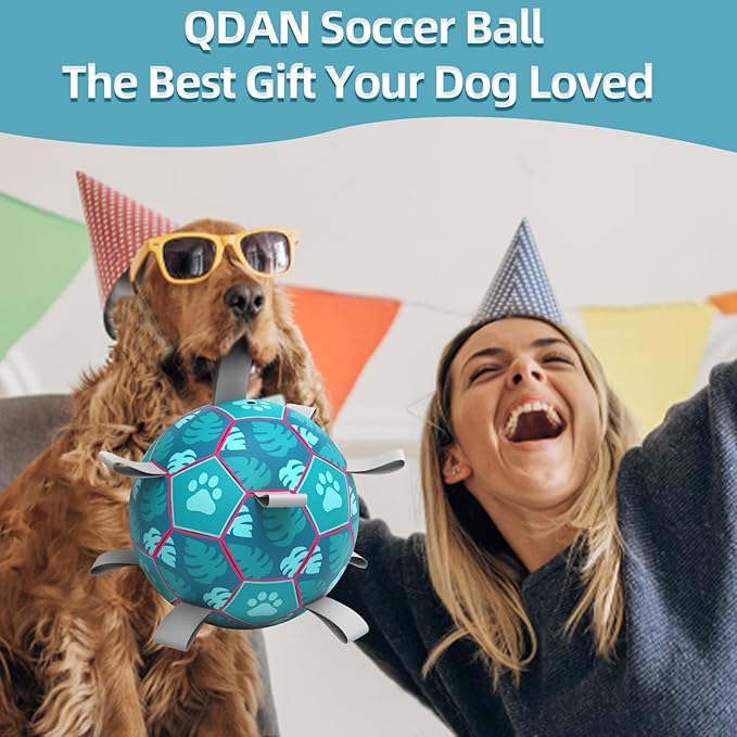 QDAN Dog Toys Soccer Ball with Straps - Durable Dog Balls for Small Medium Dogs, Beach Pool Dog Water Toy, Herding Balls for Dog, Puppy Dog Birthday Gifts, Dog Tug Toys for Tug of War, Blue (6 Inch)