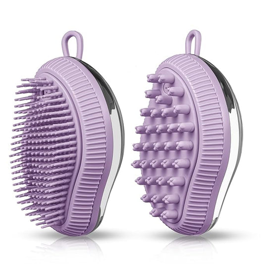 Pet Grooming Bath Massage Brush with Soap and Shampoo Dispenser Soft Silicone Bristle for Long Short Haired Dogs Cats (PURPLE)