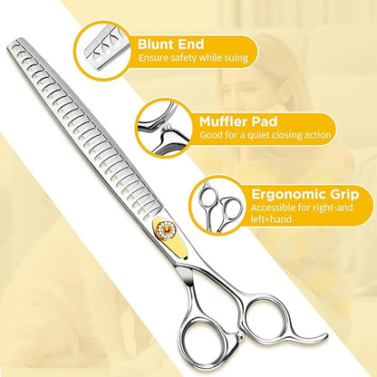 Gimars 8 Inch Professional 440C Stainless Steel Dog Grooming Scissors Heavy Duty 6 In 1 - Straight, Thinning, Chunker, Curved Shears and Comb, Ergonomic Pet Grooming Scissor for Dogs, Cats