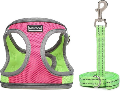 Mercano Soft Mesh Dog Harness and Leash Set, No-Chock Step-in Reflective Breathable Lightweight Easy Walk Escape Proof Vest Harnesses with Safety Buckle for Small Medium Dogs, Cats (L, Hot Pink)