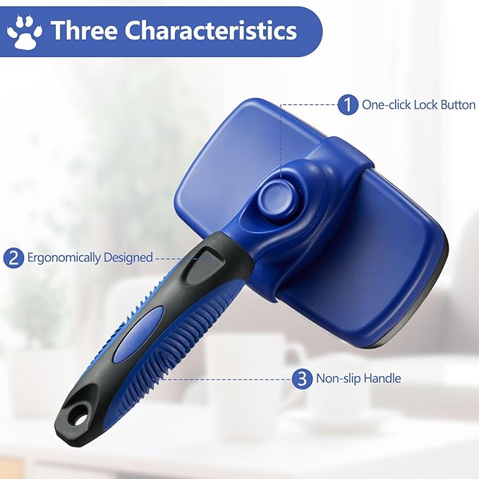 Self-Cleaning Slicker Brush for Pets - Removes Loose Hair, Cat and Dog Grooming Tool (Large, Blue)
